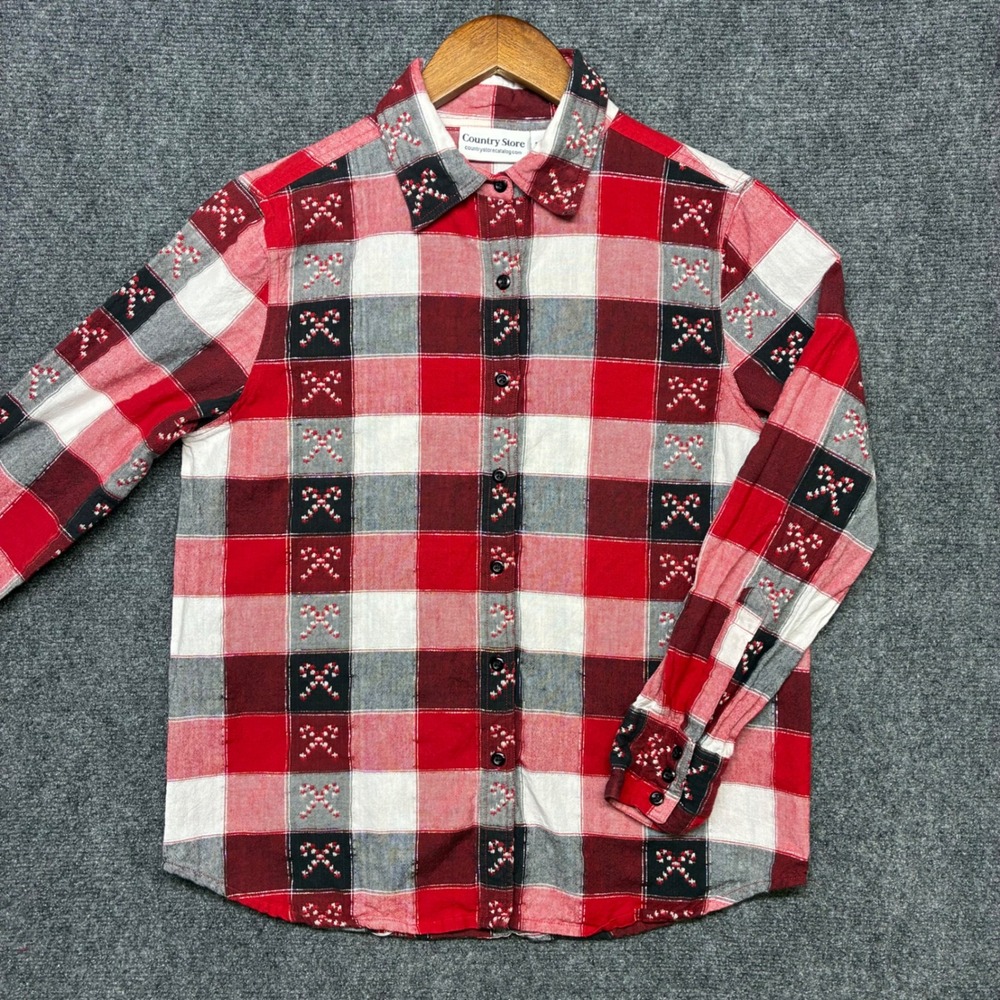 Country Store Christmas Plaid Shirt Womens Small Candy Cane Embroidered Metallic